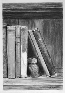 Books and owl final charcoal drawing