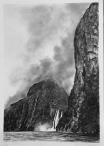 CLIFFS AND WATERFALL CHARCOAL